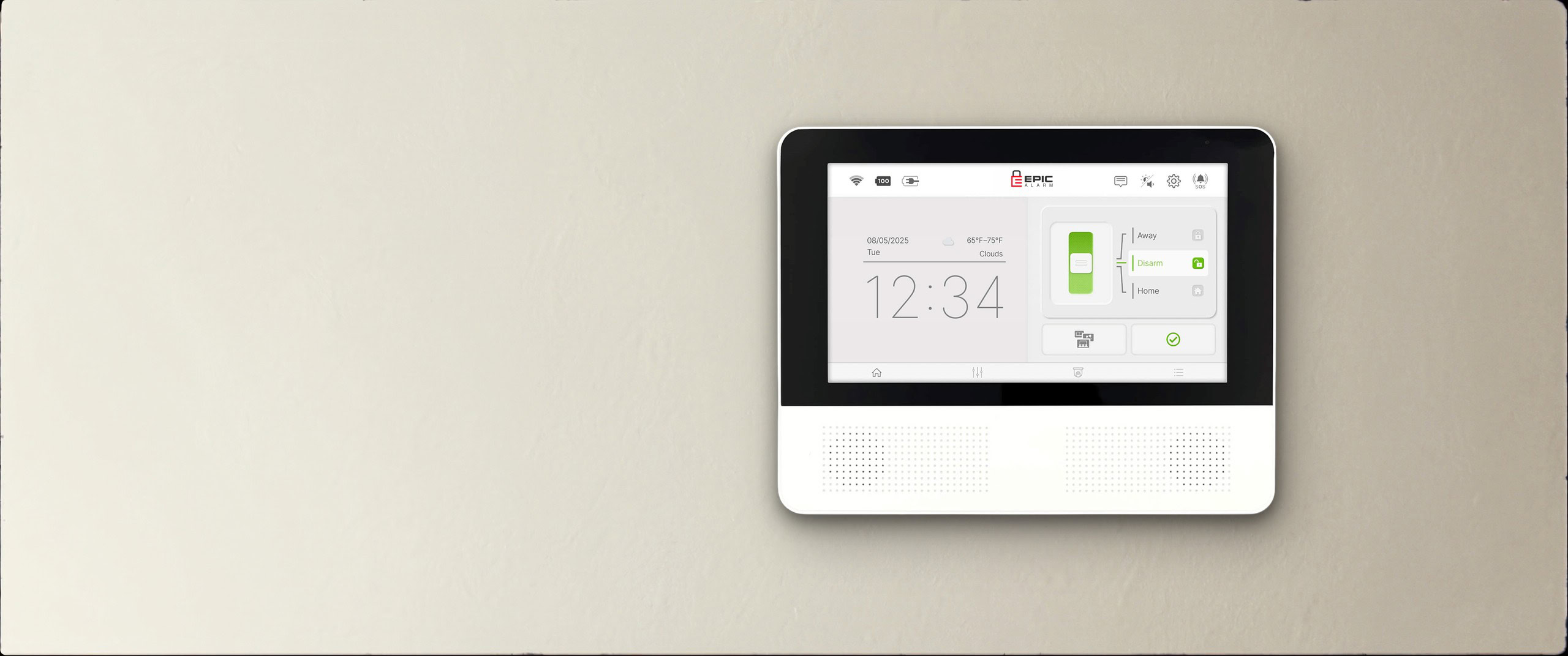 An Epic Alarm control panel mounted on a wall in a Southern California home